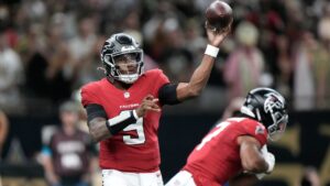 Atlanta Falcons quarterback Michael Penix Jr. (9) passes against the New Orleans Saints during the first half of an NFL football game in New Orleans, Monday, Oct. 5, 2026. (AP Photo/Gerald Herbert)