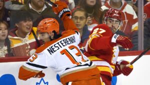 Anaheim Ducks' Nikita Nesterenko, left, checks Calgary Flames' Matt Coronato during first period NHL hockey action in Calgary on Saturday, Oct. 10, 2026. (Jeff McIntosh/CP)