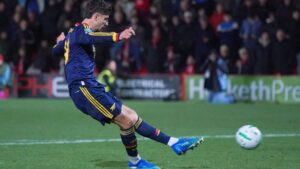 Arsenal's Kai Havertz scores on a penalty shootout during the English League Cup soccer match between Fleetwood Town and Arsenal in Fleetwood, England, Tuesday, Oct. 27, 2026. (Ian Hodgson/AP)
