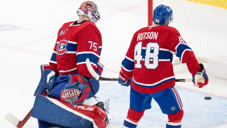Montreal Canadiens goaltender Jakub Dobes (75) and Lane Hutson (48) react following a goal by Carolina Hurricanes' Taylor Hall (not shown) during third period NHL hockey action in Montreal on Tuesday, Oct. 6, 2026. (Christinne Muschi/CP)