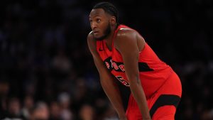 Toronto Raptors' Immanuel Quickley (5) during the first half of a preseason NBA basketball game against the New York Knicks Thursday, Oct. 15, 2026, in New York. (AP Photo/Frank Franklin II)