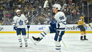 Toronto Maple Leafs' Jack Roslovic (96) reacts after scoring against the Vegas Golden Knights during the first period of an NHL hockey game Thursday, Oct. 8, 2026, in Las Vegas. (David Becker/AP)