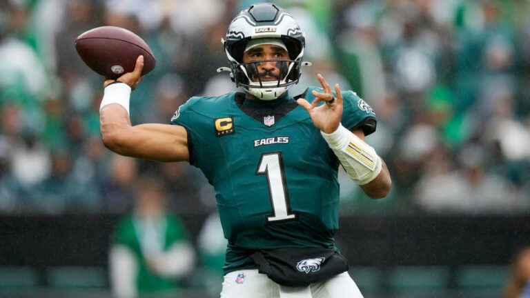 Philadelphia Eagles quarterback Jalen Hurts looks to pass during the second half of an NFL football game against the Los Angeles Rams in Philadelphia, Sunday, Oct. 4, 2026. (Matt Slocum/AP)