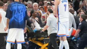 Oklahoma City Thunder guard Jalen Williams is taken off the court by medical staff during the second half of an NBA basketball game against the Los Angeles Clippers, Sunday, Oct. 25, 2026, in Oklahoma City. (Kyle Phillips/AP)