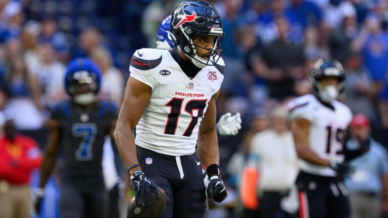 Houston Texans wide receiver Jared Wayne (17) celebrates on the field during an NFL football game against the Indianapolis Colts in Indianapolis, Sunday, Sept. 27, 2026. (AP Photo/Zach Bolinger)
