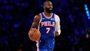 Philadelphia 76ers' Jaylen Brown plays during an NBA basketball game Thursday, Oct. 22, 2026, in Philadelphia. (Matt Slocum/AP)