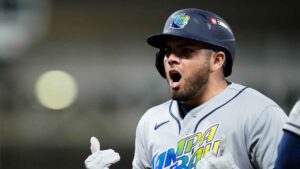 Tampa Bay Rays' Jonathan Aranda celebrates his RBI-single against the Cleveland Guardians during the third inning in Game 4 of an American League Championship Series baseball game. (David J. Phillip/AP)