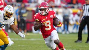 Kansas City Chiefs running back Kenneth Walker III runs against the Los Angeles Chargers during an NFL football game in Kansas City, Mo., Sunday, Oct. 18, 2026. (Ed Zurga/AP)