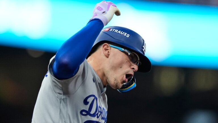 Los Angeles Dodgers' Enrique Hernández celebrates his two-run home run during the fourth inning in Game 3 of baseball's National League Division Series against the Atlanta Braves, Tuesday, Oct. 6, 2026, in Atlanta. (AP Photo/Brynn Anderson)