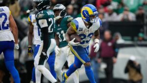Los Angeles Rams running back Kyren Williams reacts as he scores a touchdown during the second half of an NFL game against the Philadelphia Eagles in Philadelphia, Sunday, Oct. 4, 2026. (AP/Matt Slocum)