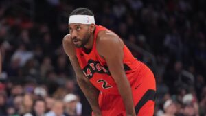 Toronto Raptors' Kawhi Leonard (2) during the first half of a preseason NBA basketball game against the New York Knicks Thursday, Oct. 15, 2026, in New York. (Frank Franklin II/AP)