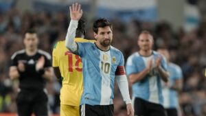 Argentina's Lionel Messi waves during his final appearance for the national team, a soccer friendly against Benin, in Buenos Aires, Argentina, Tuesday, Oct.6, 2026. (Natacha Pisarenko/AP)