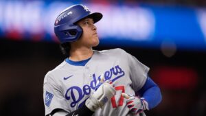 Los Angeles Dodgers two-way player Shohei Ohtani (17) watches has as he grounds out during the seventh inning in Game 4 of baseball's National League Division Series against the Atlanta Braves, Wednesday, Oct. 7, 2026, in Atlanta. (Mike Stewart/AP)