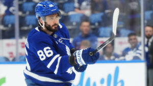 Toronto Maple Leafs' Kirill Marchenko (86) warms up prior to first period NHL hockey action against the Montreal Canadiens in Toronto on Tuesday, Sept. 29, 2026. (Nathan Denette/CP)