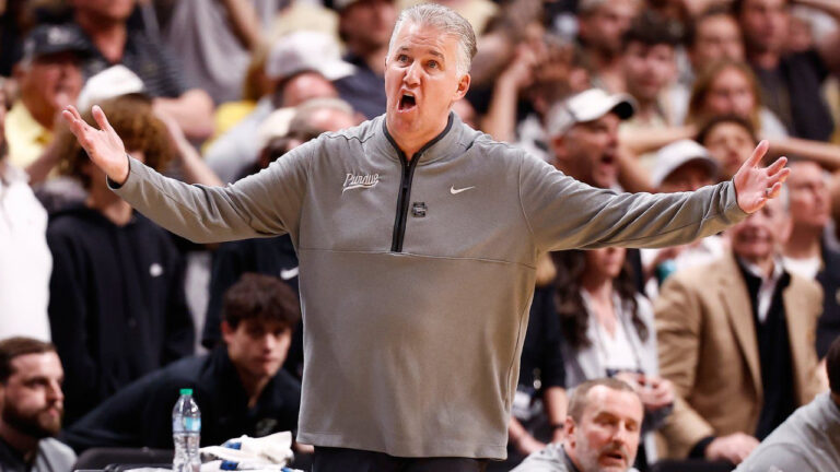 Purdue head coach Matt Painter argues a call during the first half in the Elite Eight of the NCAA college basketball tournament against Arizona, March 28, 2026, in San Jose, Calif. (Kelley L Cox/AP)