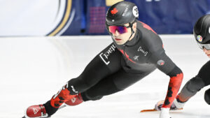 Maxime Laoun of Canada skates during the 1500m repechage quarter-final race at the ISU World Short Track Speed Skating Championships in Montreal, Saturday, March 14, 2026. (Graham Hughes/CP)