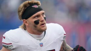 Arizona Cardinals tight end Trey McBride pauses on the field during an NFL football game against the New York Giants, in East Rutherford, N.J., Sunday, Oct. 4, 2026. (Seth Wenig/AP)