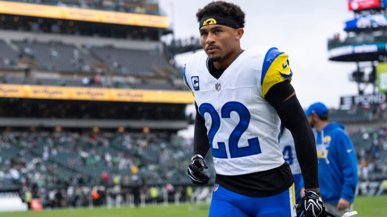 Los Angeles Rams cornerback Trent McDuffie (22) looks on prior to an NFL football game against ht Philadelphia Eagles in Philadelphia, Sunday, Oct. 4, 2026. (AP Photo/Chris Szagola)