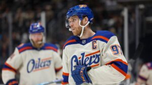 Edmonton Oilers center Connor McDavid (97) looks on between plays during the second period of an NHL hockey game against the Los Angeles Kings, Tuesday, Oct. 13, 2026, in Los Angeles. (Caroline Brehman/AP)