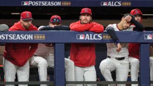 Members of the Cleveland Guardians watch during their lose against the Tampa Bay Rays in Game 5 of an American League Championship Series baseball game in Cleveland, Sunday, Oct. 18, 2026. (David J. Phillip/AP)