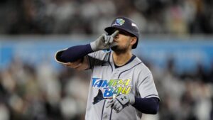 Tampa Bay Rays' Victor Mesa Jr. celebrates his two-run home run during the sixth inning in Game 3 of baseball's American League Division Series against the New York Yankees, Wednesday, Oct. 7, 2026, in New York. (Seth Wenig/AP)
