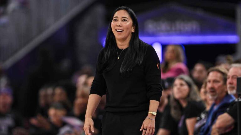 Golden State Valkyries head coach Natalie Nakase smiles during the second half of Game 2 of the WNBA basketball finals against the Atlanta Dream, Monday, Oct. 19, 2026, in San Francisco. (Justine Willard/AP)