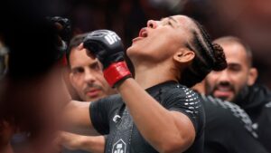 Natalia Silva reacts after she is declared the winner over Rose Namajunas in a women's flyweight bout during the UFC 324 mixed martial arts event Saturday Jan. 24, 2026, in Las Vegas. (Steve Marcus/AP)