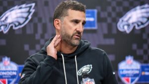 Philadelphia Eagles head coach Nick Sirianni attends a press conference after an NFL football game against Jacksonville Jaguars in London, Sunday, Oct. 11, 2026. (AP Photo/Alastair Grant)