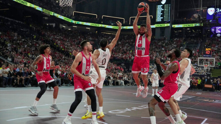 Olympiacos' Cory Joseph jumps for the ball during the Euroleague final basketball match between Olympiacos and Real Madrid in Athens, Greece, May 24, 2026. (Thanassis Stavrakis/AP)