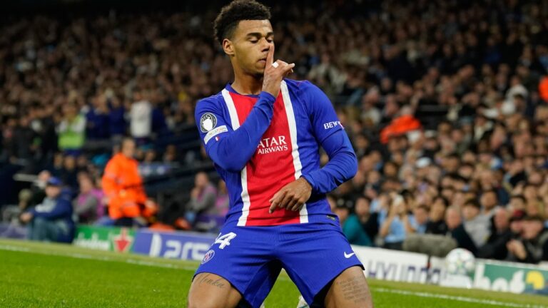 PSG's Desire Doue celebrates after scoring his side's opening goal during the Champions League opening phase soccer match between Manchester City and Paris Saint-Germain in Manchester, England, Wednesday, Oct. 14, 2026. (Dave Thompson/AP)