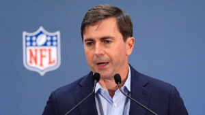 NFL's Peter O'Reilly speaks during a news conference at the NFL owners' meetings Tuesday, Oct. 20, 2026, in New York. (Yuki Iwamura/AP)