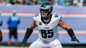 Philadelphia Eagles tackle Lane Johnson (65) guards during the second half of an NFL football game against the Tennessee Titans in Nashville, Tenn., Sunday, Sept. 20, 2026. (Stew Milne/AP)