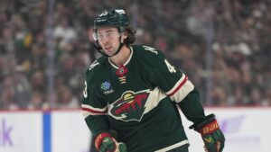 Minnesota Wild defenseman Quinn Hughes (43) skates during the third period of an NHL hockey game against the Columbus Blue Jackets, Sunday, Oct. 18, 2026, in St. Paul, Minn. (Abbie Parr/AP)