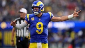 Los Angeles Rams quarterback Matthew Stafford (9) reacts toward teammates during the second half of an NFL football game against the Arizona Cardinals in Inglewood, Calif., Sunday, Oct. 18, 2026. (Gregory Bull/AP)
