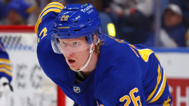 Buffalo Sabres defenseman Rasmus Dahlin (26) looks on during the second period in Game 7 of a second-round NHL hockey Stanley Cup playoff series against the Montreal Canadiens Monday, May 18, 2026, in Buffalo, N.Y. (AP Photo/Jeffrey T. Barnes)