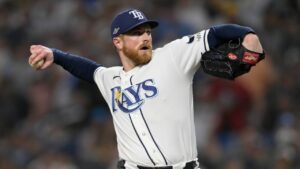 Tampa Bay Rays pitcher Drew Rasmussen throws against the Cleveland Guardians during the first inning in Game 1 of an American League Championship Series baseball game in St. Petersburg, Fla. Monday, Oct. 12, 2026. (Phelan M. Ebenhack/AP)