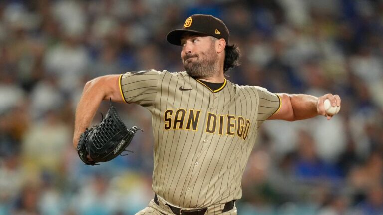 San Diego Padres starting pitcher Robbie Ray throws to the plate during the first inning of a baseball game against the Los Angeles Dodgers, Wednesday, Sept. 23, 2026, in Los Angeles. (Mark J. Terrill/AP)