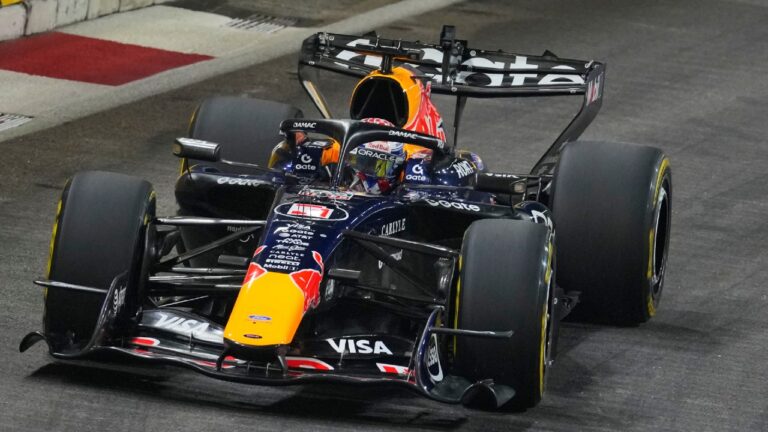 Red Bull driver Max Verstappen of the Netherlands steers his car during the sprint qualifying session ahead of the Singapore Formula One Grand Prix in Singapore, Friday, Oct. 9, 2026. (Vincent Thian/AP)