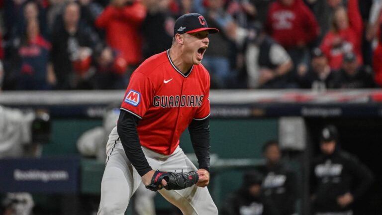Cleveland Guardians relief pitcher Erik Sabrowski reacts after a strike out during the sixth inning of Game 5 of baseball's American League Division Series against the Chicago White Sox , Saturday, Oct. 5, 2026, in Cleveland. (Phil Long/AP)
