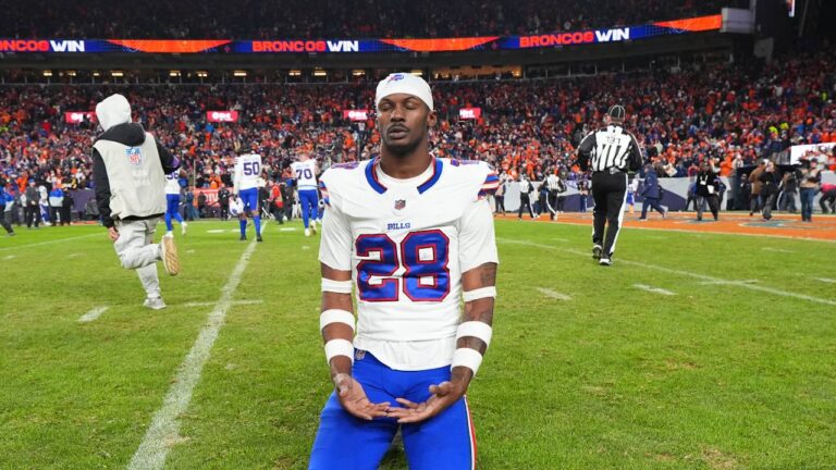 Buffalo Bills safety Sam Franklin Jr. reacts after an NFL divisional round playoff football game against the Denver Broncos, Saturday, Jan. 17, 2026, in Denver. (Jack Dempsey/AP)