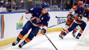 New York Islanders defenceman Matthew Schaefer (48) controls the puck against the Anaheim Ducks in Elmont, N.Y., on Tuesday, Oct. 20, 2026. (Adam Hunger/AP)