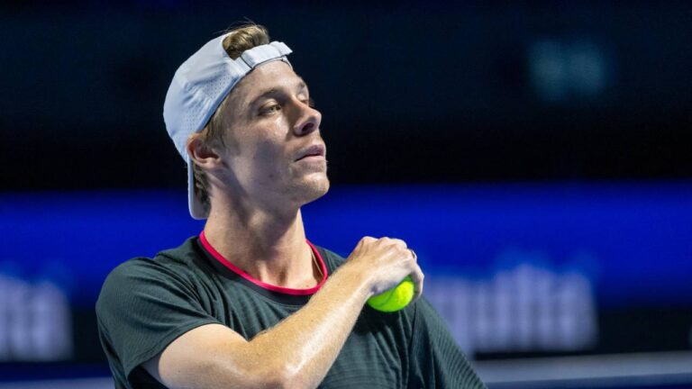 Canada's Denis Shapovalov prepares to serve during his round of sixteen match against USA's Taylor Fritz at the Swiss Indoors tennis tournament in Basel, Switzerland, Thursday Oct. 29, 2026. (Georgios Kefalas/Keystone via AP)