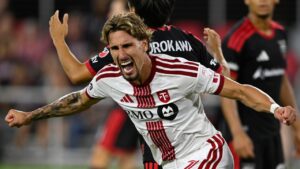 Toronto FC's Theo Corbeanu celebrates after his goal during the second half of an MLS soccer match against D.C. United, Saturday, July 25, 2026, in Washington. (John McDonnell/AP)