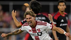 Toronto FC's Theo Corbeanu celebrates after his goal during the second half of an MLS soccer match against D.C. United, Saturday, July 25, 2026, in Washington. (John McDonnell/AP)