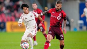 Toronto FC midfielder Niklas Dorsch (6) and D.C. United defender Kimito Nono (2) vie for the ball during first half MLS soccer action in Toronto on Wednesday, Oct. 28, 2026. (Frank Gunn/CP)