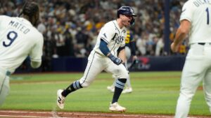 Tampa Bay Rays' Ben Williamson celebrates the game winning hit during the 12th inning of Game 4 of baseball's World Series, Wednesday, Oct. 28, 2026, in St. Petersburg, Fla., between the Milwaukee Brewers and the Tampa Bay Rays. (Ashley Landis/AP)