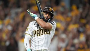 San Diego Padres' Fernando Tatis Jr. flips his bat after hitting a home run against the Milwaukee Brewers during the third inning in Game 4 of baseball's National League Division Series Wednesday, Oct. 7, 2026, in San Diego. (Gregory Bull/AP)