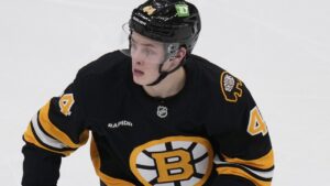 Boston Bruins center James Hagens (44) during a hockey game, Tuesday, April 14, 2026, in Boston. (AP Photo/Charles Krupa)