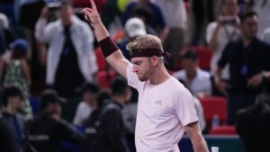 Spain's Alejandro Davidovich Fokina celebrates after winning the men's singles semifinal match against Germany's Alexander Zverev at the Shanghai Masters tennis tournament in Shanghai, China, Saturday, Oct. 17, 2026. (Andy Wong/AP)