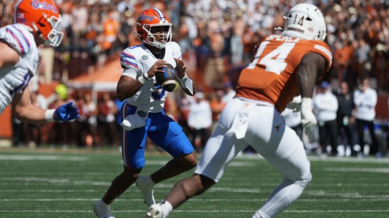 Florida quarterback Tramell Jones Jr. (9) looks to pass against Texas during the first half of an NCAA college football game in Austin, Texas, Saturday, Oct. 17, 2026. (Eric Gay/AP)